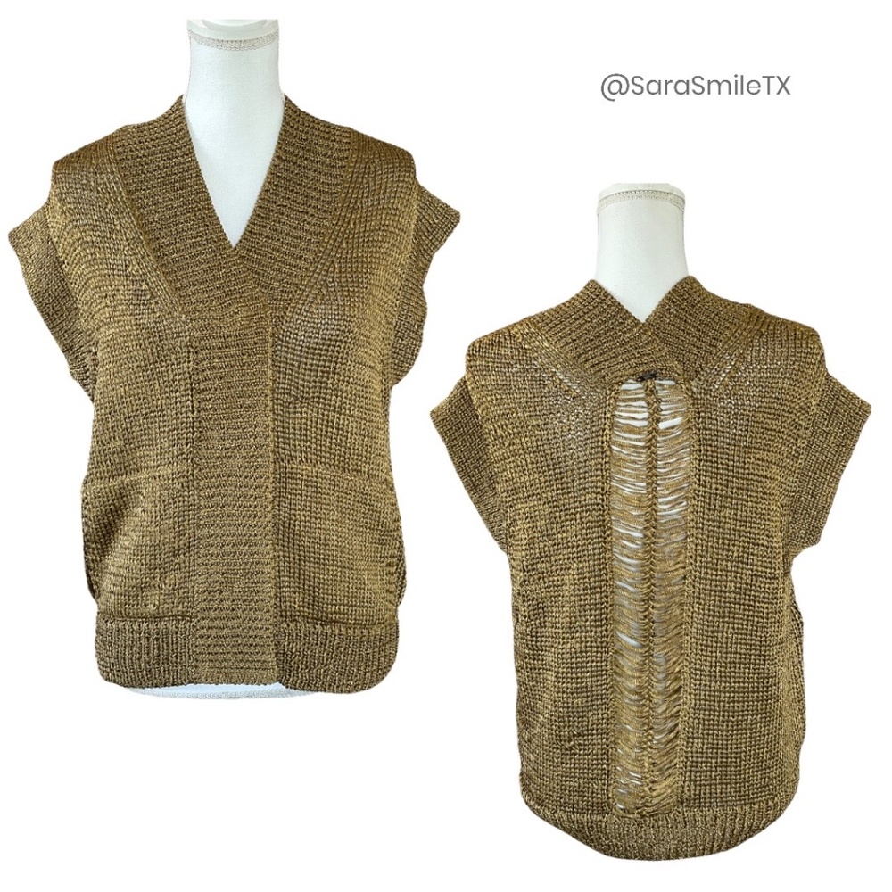 {VPL} Metallic Gold Chunky Knit Short Cap Sleeve Cardigan Sweater - RARE!